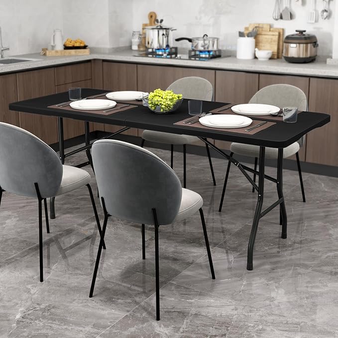 Folding Table, HDPE Portable Table with 6 ft Long Tabletop, Metal Frame Picnic Camping Table with Safe Lock, Collapsible Dining Table for Camping, Picnic, Party (Black, 6 FT)