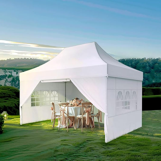 MFSTUDIO 10x15 Pop Up Canopy Tent, Outdoor Commercial Heavy Duty Party Tent with 4 Sidewalls, Easy Set-up Waterproof Canopy Tent for Party Event Wedding, Thickened Legs with 3 Heigh Adjustable, White