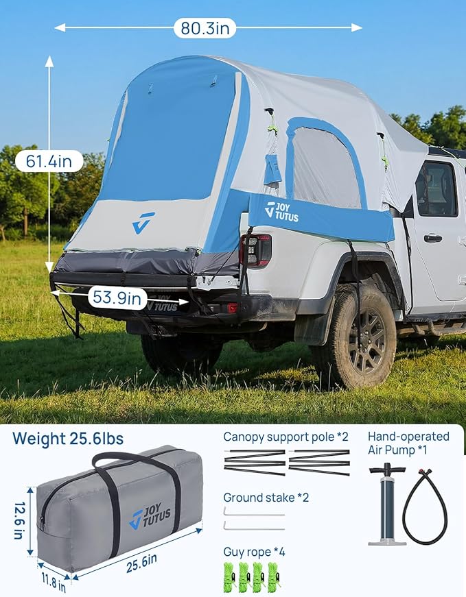 JOYTUTUS Inflatable Truck Bed Tent 5.5-6.5FT with Awning, Includes Air Pump for Quick 30S Setup, Dual-use Pickup or Camping Tent for 2 Person, Truck Tent with Waterproof Roof Shade and 3 Windows