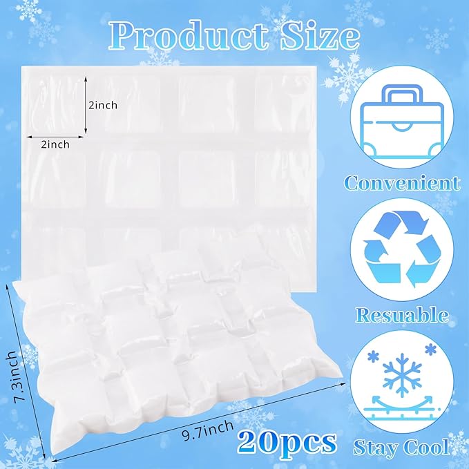 20 Packs Ice Pack Sheets for Coolers, Reusable Dry Ice Pack for Lunch Bag, Flexible Freezer Packs Cold Sheets Cube Ice Blankets Packs for Camping Beach Beverages Cold Food Fresh