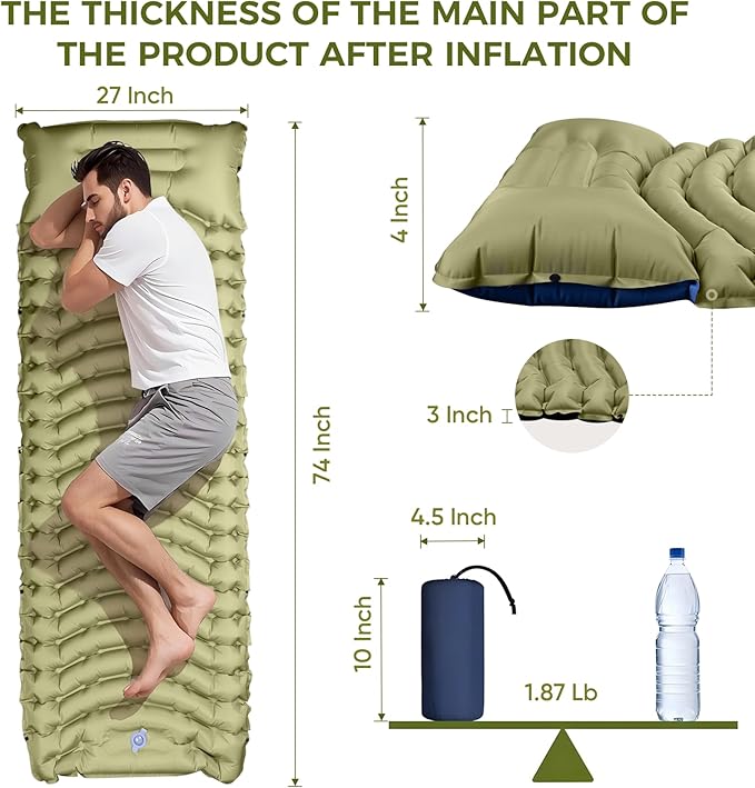 Sleeping Pad for Camping,Lightweight Camping Mattress with Built-in Pillow, Foot Pump, Compact and Portable Inflatable Mat, Ideal for Outdoor Camping Gear, Backpacking, Hiking(Solo)