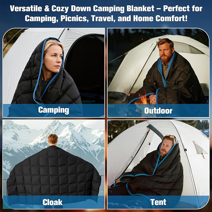 Down Camping Blanket - Black, 1lb 6oz / 77 * 52'' Lightweight Packable Warm Puffy Travel Quilt with Footbox, 650 Fill Power Outdoor Blankets for Hiking, Travel, Hammock & Stadium Down Quilt