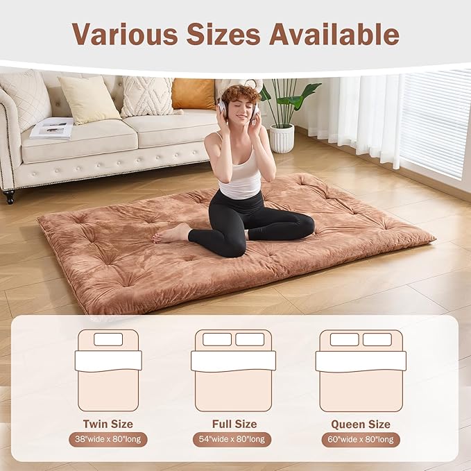 Japanese Floor Futon Mattress Full Size 54"x 80", 2.5'' Thick Foldable Roll Up Floor Bed Sleeping Pad, 25D Foam Filled Tatami Mat with Straps for Guest Room, Dormitory & Camping, Brown