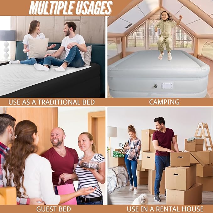 Air Mattress Queen with Built in Pump, 2500mAh Rechargeable Electric Pump, Camping Air Mattress Queen, Fiber-tech Portable Blow Up Mattress for Camping, Indoor and Outdoor (18" Height, Light Gray)