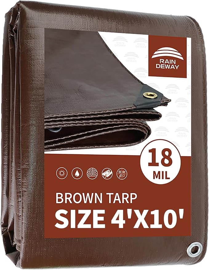 RAINDEWAY 4x10 Feet Super Heavy Duty 18 Mil Brown Poly Tarp Cover, UV Resistant, Weatherproof, Multipurpose Waterproof Poly Tarp with Grommets and Reinforced Edges