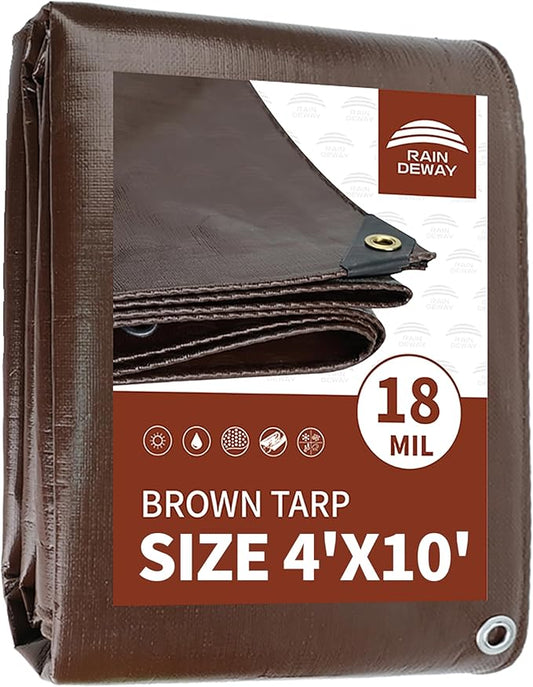 RAINDEWAY 4x10 Feet Super Heavy Duty 18 Mil Brown Poly Tarp Cover, UV Resistant, Weatherproof, Multipurpose Waterproof Poly Tarp with Grommets and Reinforced Edges
