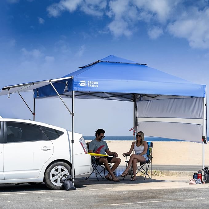 CROWN SHADES 10x10 Pop up Canopy Tent Patended Centerlock Instant Commercial Canopy with 150D Silver Coated Fabric Including 2 Extend Awnings, 4 Ropes, 8 Stakes, 4 Weight Bags, STO 'N Go Bag, Blue