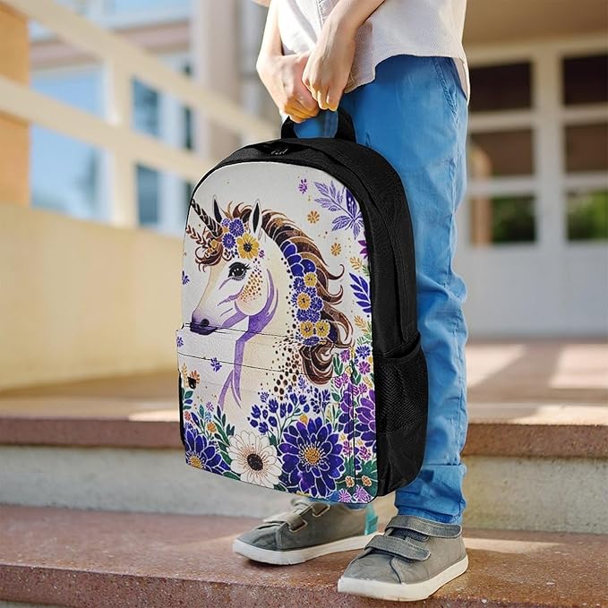 Supdreamc Polyester Daypack Backpack for Trekking Picnic Walking Cycling, Large Capacity Anti-Theft Multipurpose Shoulder Bag, Unicorn Purple Flower Casual Daypack