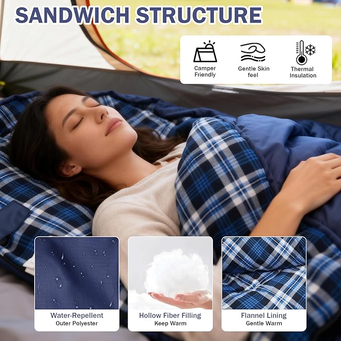 Double Sleeping Bag Cotton Flannel for Camping, Backpacking Or Hiking. Waterproof Queen Size Two Person Sleeping Bags for Adults Or Teens. Lightweight with Compression Sack