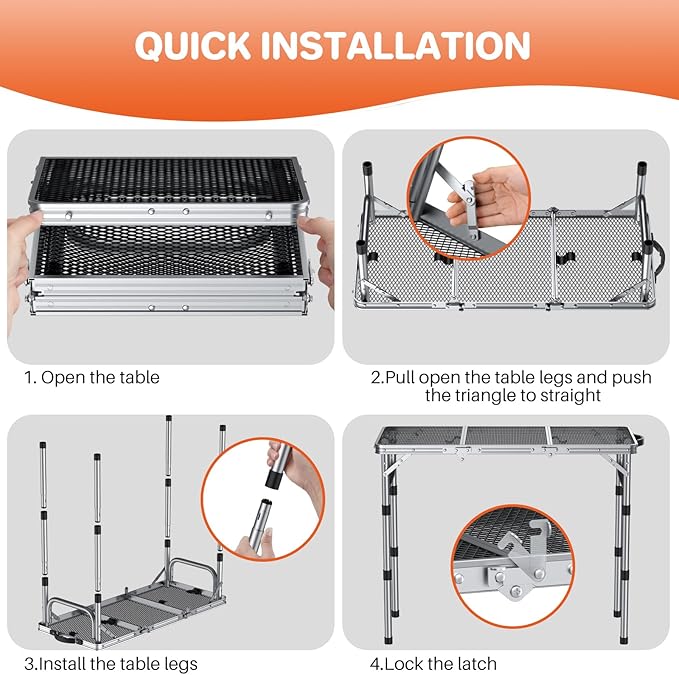 FUNYKICH 3ft Folding Grill Table for Outside 34.2''x15.7'', 3 Height Adjustable Portable Camping Tables, Lightweight Metal Aluminum Outdoor Table with Carry Handle for Camping, Picnic, BBQ, Silver