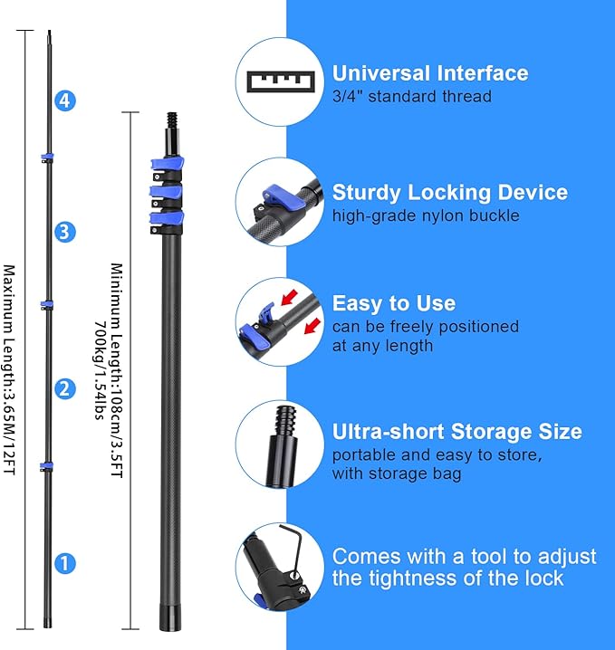 DOBEN 3.5-12FT Carbon Fiber Telescopic Extension Pole with Car Wash Brush Head, Bi-Level Soft Scrub Brush with Long Handle for RVs, Cars, Trucks, House Siding, Deck, Floors