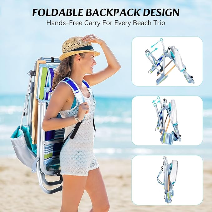 2 Pack Backpack Beach Chairs with Canopy Headrest Cooler Bag Cup Holder Towel Bar 4-Position Recline Wooden Armrests Aluminum Frame Folding Beach Chair for Adults Camping Supports 400 lbs
