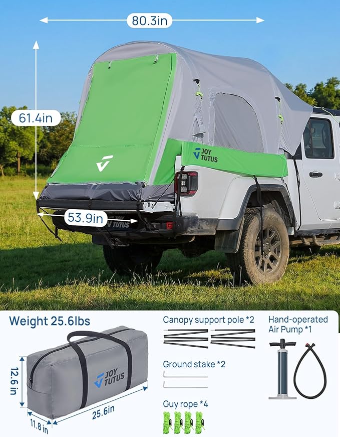 JOYTUTUS Inflatable Truck Bed Tent 5.5-6.5FT with Awning, Includes Air Pump for Quick 30S Setup, Dual-use Pickup or Camping Tent for 2 Person, Truck Tent with Waterproof Roof Shade and 3 Windows