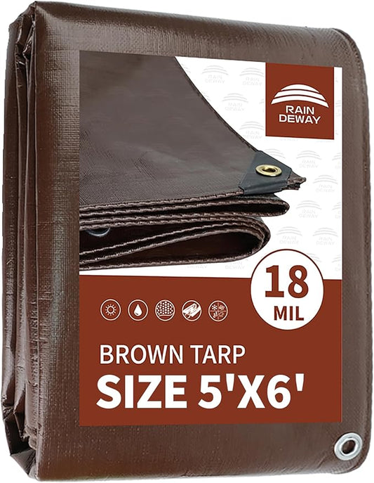 RAINDEWAY 5x6 Feet Super Heavy Duty 18 Mil Brown Poly Tarp Cover, UV Resistant, Weatherproof, Multipurpose Waterproof Poly Tarp with Grommets and Reinforced Edges