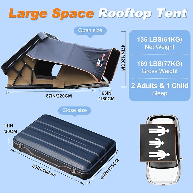 Naturnest Rooftop Tent Hard Shell with Annex Room, Easy Set Up Large Tent for 2-3 Person Camping, Waterproof 4 Season Tents for Truck, Jeep, SUV, Van, Trailer - Sirius 2 with Annex Room