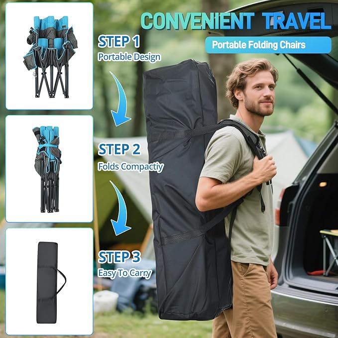 Oversized Double Camping Chairs for Adults, High-Back Loveseat with Pillows, Dual Cup Holders & Cooler Bags - Heavy Duty 2 Person Folding Chair, 800LBS Capacity, Outdoor, Picnic, Lawn (Bluegrey)