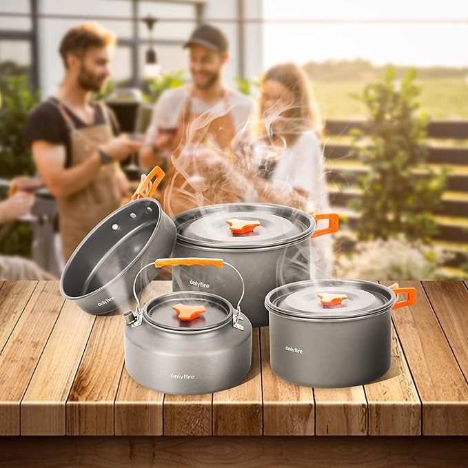 Onlyfire 15pcs Camping Cookware Mess Kit, Non-Stick Lightweight Pot Pan Kettle Set with Plates Forks Knives Spoons for Camping, Backpacking, Outdoor Cooking and Picnic CT605