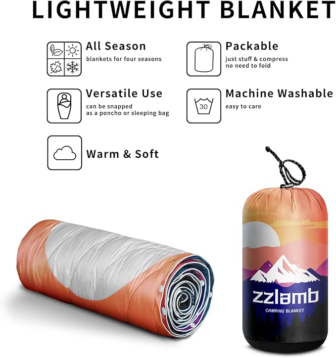 zzlamb Camping Blanket, Outdoor Lightweight Travel Blanket Puffy Portable Down Alternative, Windproof Warm Cloak with Snaps, Cozy Quilt Backpacking Picnic RV Plane Car Hammock Beach Climbing