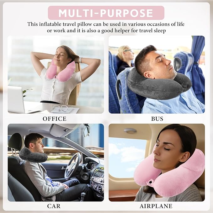 Sintuff 2 Pack Inflatable Travel Pillow for Airplanes Inflatable Neck Flight Pillows with Compact Bag and Blindfold for Traveling, Airplane, Train, Car, Office(Dark Gray and Light Pink)