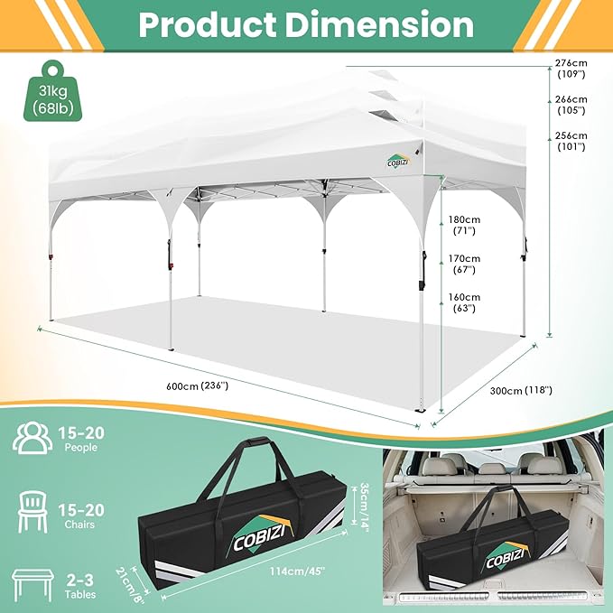 COBIZI 10x20 Pop Up Canopy Tent with 4 Sidewalls, Instant One-Push Setup, Commercial Canopy with Air Vent & Reflective Strip, UPF 50+ Waterproof Party Tent with Sandbags & Stakes for Events (White)