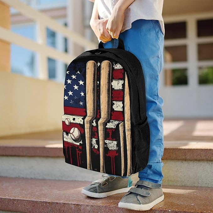 Supdreamc Men Women Polyester Patriotic Usa Retro American Flag Baseball Print Backpack Large Capacity Bookbag With Smooth Zippers for Climbing Picnic Bicycle