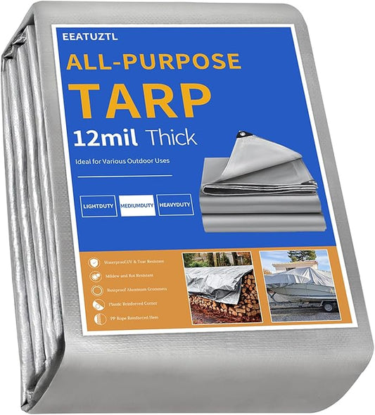 Tarps Heavy Duty Waterproof, 12 Mil Silver Heavy Duty Tarps with Grommets Reinforced Edges, UV Resistant, Tear&Fade Resistant, Small Cover Waterproof for Outdoors, 6 * 6FT