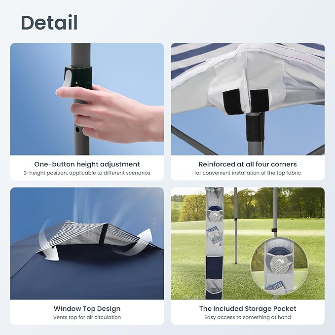PHI VILLA 10’x10’ Pop Up Canopy Tent - One Push Setup, Instant Shade Tent with Vented Roof for Beach & Events - Includes Storage Bag, Sandbags, Stakes & Ropes (Navy Stripe)