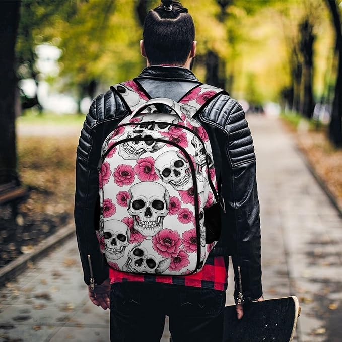 Lightweight Travel Daypack Pink Flowers Sugar Skulls, Cute Laptop Backpack with Tumbler Holder for Women Nurse Teacher Work Hiking