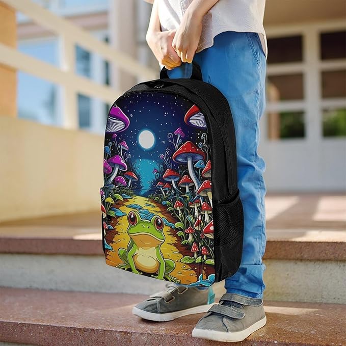 Supdreamc Rucksack Multipurpose Anti-Theft Big Capacity Shoulder Bag, Psychedelic Magic Mushrooms Frog Trippy Art Travel Hiking Camping Rucksack With Side Pockets