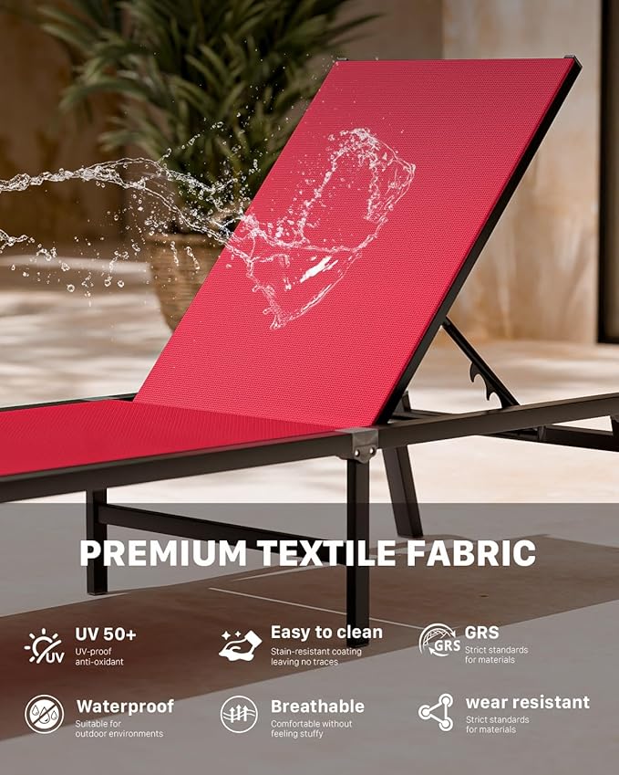Aluminum Chaise Foldable Patio Lounge Chair Outdoor, Metal Deck Lounger Adjustable 5-Position Recliner Pool Chase Breathable Full Flat Outside Sun Tanning Chairs for Beach/Poolside/Lawn(Red, 1 Pack)