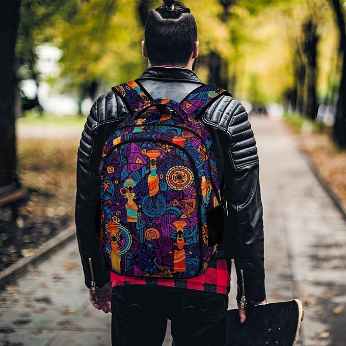 Travel Laptop Backpack Colorful Ethnic Dress Traditional African Black Women for Men Women, Water Resistant Business Anti Theft Computer Bag with Multi Compartments for College Work Hiking