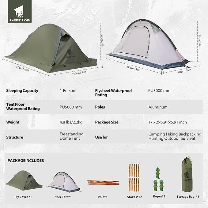 GEERTOP Lightweight 1 Person Camping Tent for Solo Outdoor Hiking Backpacking Adventures- Easy Setup