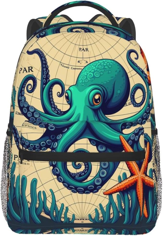 Daypack Polyester Anti-Theft Multipurpose Retro Octopus Art Bookbag Big Capacity Gym Outdoor Hiking Backpack With Adjustable Shoulder Straps