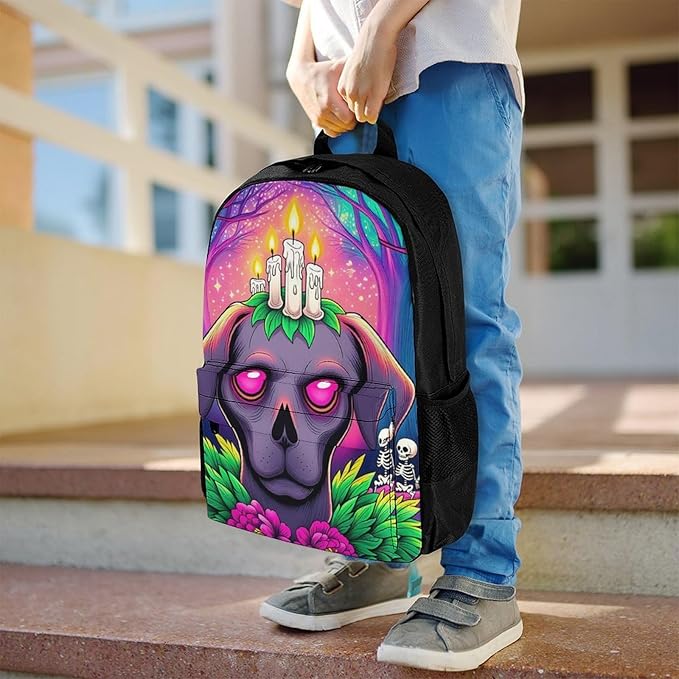Supdreamc Men Women Polyester Surrealist Dog Halloween Skeletons Flowers Fantasy Art Daypack Backpack Large Capacity Carry On Bag With Smooth Zippers for Hiking Picnic Walking Cycling