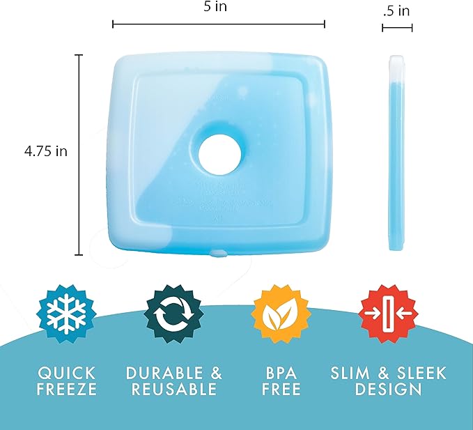 Cool Coolers By Fit & Fresh 4 Pack Slim Ice Packs, Quick Freeze Space Saving Reusable Ice Packs for Lunch Boxes or Coolers, Blue
