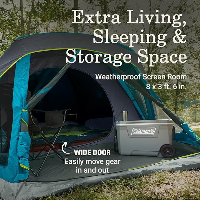 Coleman Skydome Dark Room Camping Tent with Screen Porch & 5-Minute Setup, Weatherproof 4/6 Person Tent Blocks 90% of Sunlight, Rainfly & Carry Bag Included, Made of PFAS-Free Materials