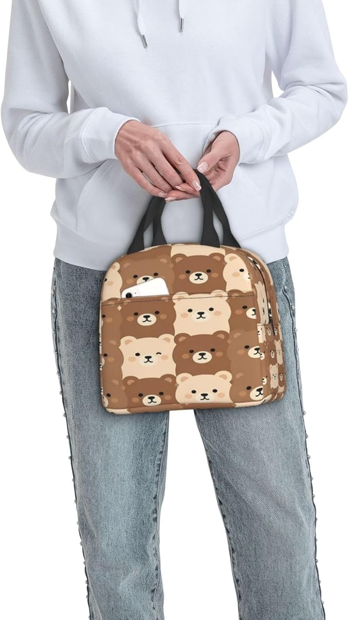 cute brown and beige bear faces Insulated Lunch Bag Oxford Cloth & Thick Foil Cooler Warmer Tote Waterproof Wear-Resistant with Front Pocket for Work Picnic Outdoor Travel