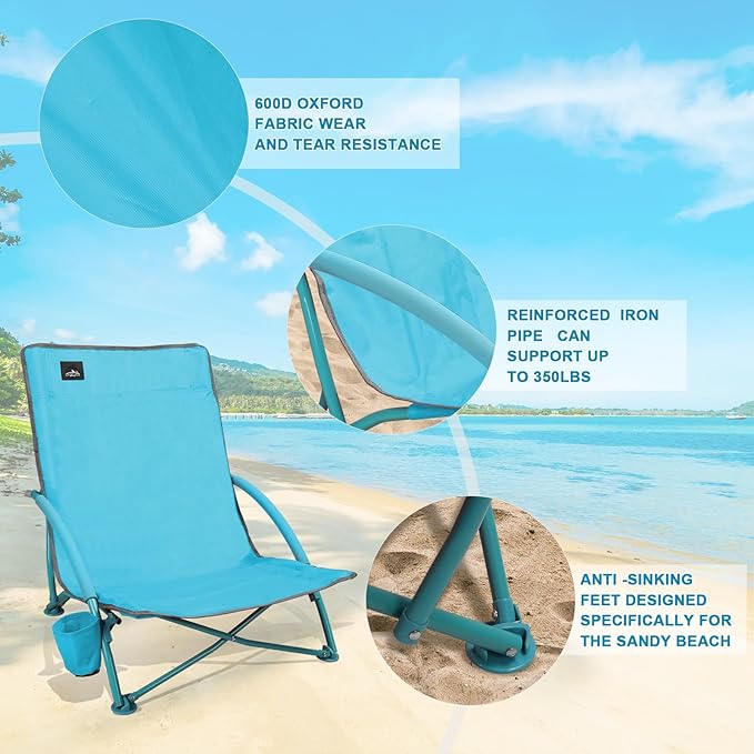 NORTHROAD 2 Pack Low Folding Beach Chair,Portable Lightweight Lowback Sling Chair, Outdoor Low Seat Camping Chair w/Cup Holder & Carry Bag for Sand Camping Lawn Picnic Festival,Blue