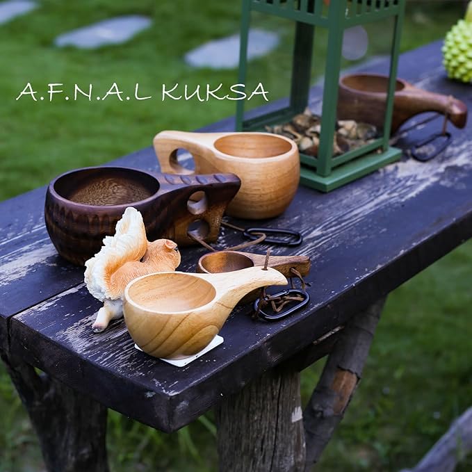 Kuksa Camping Mug Wooden Bushcraft Handcarved Cup, Nordic Style Coffee & Hiking Kuksa, 2 Pack Small & Mini Size, 3.3 oz. & 1 oz.