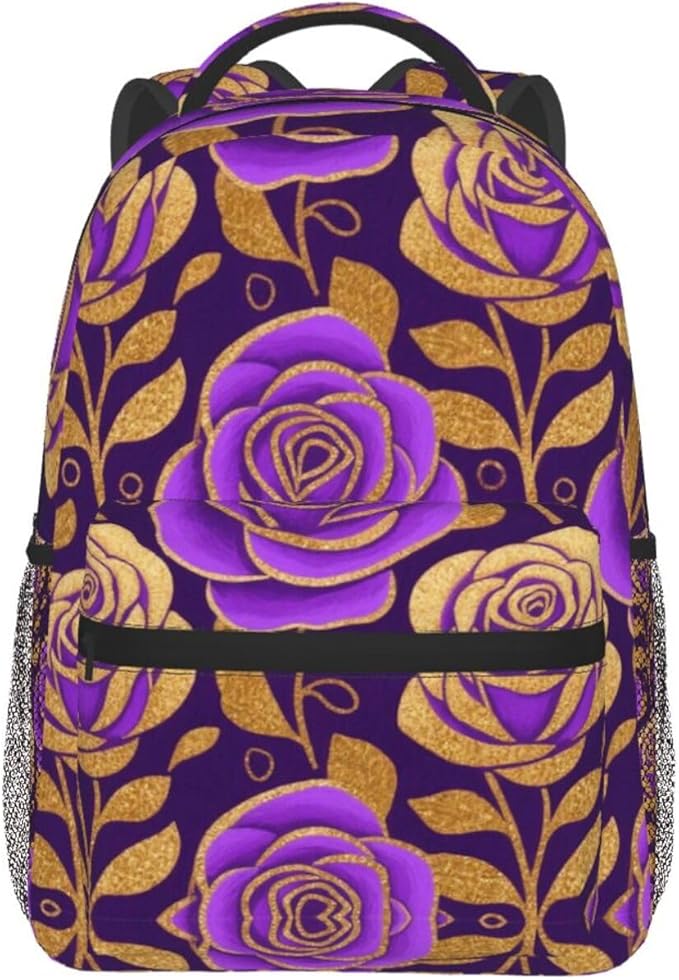 Rucksack Anti-Theft Multipurpose Big Capacity Carry On Bag, Purple Gold Rose Art Traveling Camping Backpack With Side Pockets