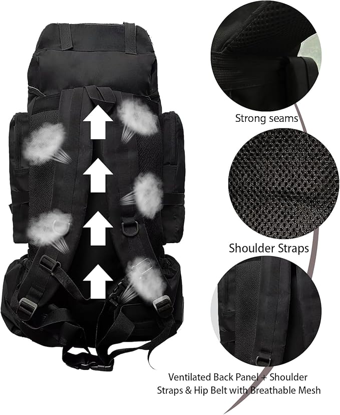 Tactical 80L Hiking Backpack with Dedicated Shoe Compartment - Large Capacity Rucksack for Camping Backpacking Men Women - Outdoor Trekking Travel Pack (Black)