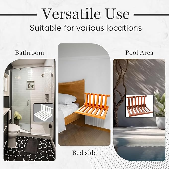 The folding stool is made of oak wood and can bear a weight of 400 pounds. When unfolded, it measures 1.5" by 1", providing comfort and safety. The thickness is 2" (Walnut paint)