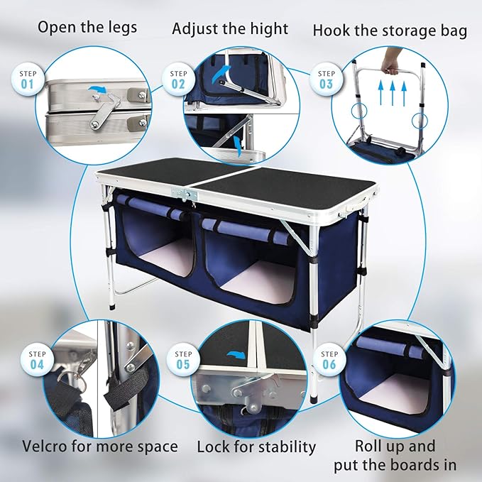 Folding Camping Table with Storage Compartment Aluminum Lightweight Camp Kitchen Table Height Adjustable Indoor/Outdoor Table Perfect for Tailgating, Backyards, BBQ,Picnic, Black
