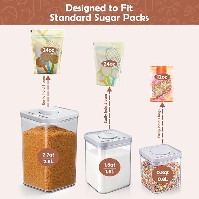 Mity rain 3Pcs Airtight Brown Sugar Container Set(2.7Qt/1.7Qt/0.85Qt) Moisture-Proof Kitchen & Pantry Brown Sugar Keeper Container Airtight Saver Storage with Locking Lid,3 brown sugar bear,3Spoon