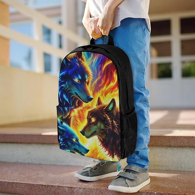 Supdreamc Men Women Lightweight Ice And Fire Flaming Cool Wolf Casual Daypack Big Capacity Bookbag With Padded Straps for Gym Travel Walking Cycling