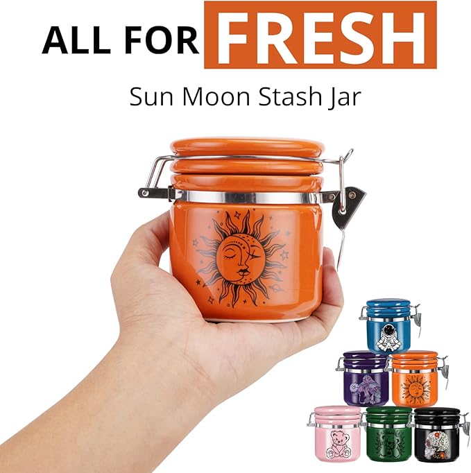 Sun Moon Stash Container Half Oz (250ml), Ceramic Cute Stash Jar Containers w/Clamp Lid, Mystical Celestial Aesthetic Decorative Jar Storage - Double Sealed Airtight Herbs Fresh Jar -Orange