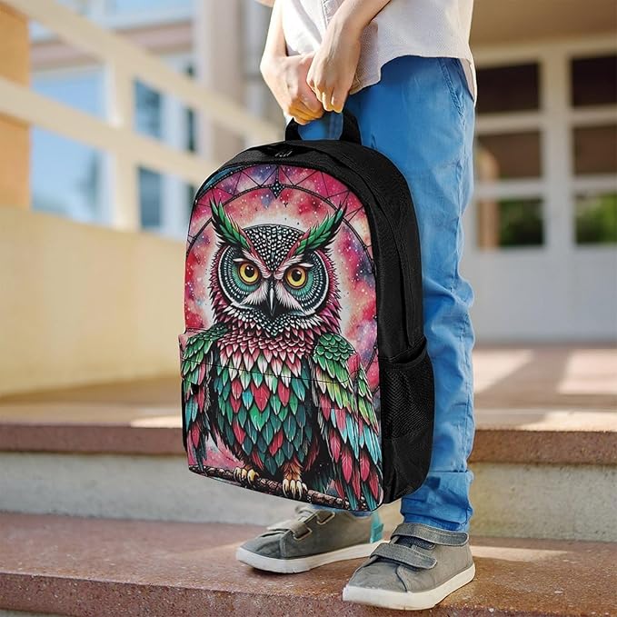 Supdreamc Rucksack Anti-Theft Multipurpose Large Capacity Carry On Bag, Green And Pink Owl Wind Chimes Space Galaxy Travel Hiking Bag Day Pack With Side Pockets