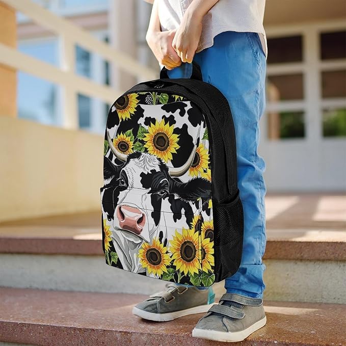 Supdreamc Polyester Daypack for Camping Travel Walking Cycling, Big Capacity Anti-Theft Multipurpose Bookbag, Farm Cow Sunflower Print Camping Outdoor Backpack