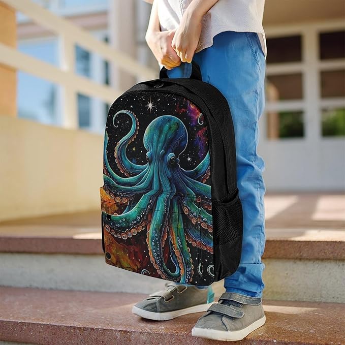 Supdreamc Daypack Backpack Anti-Theft Multipurpose Large Capacity Carry On Bag, Octopus On The Moon Holding Stars Planet Art Traveling Camping Backpack With Side Pockets
