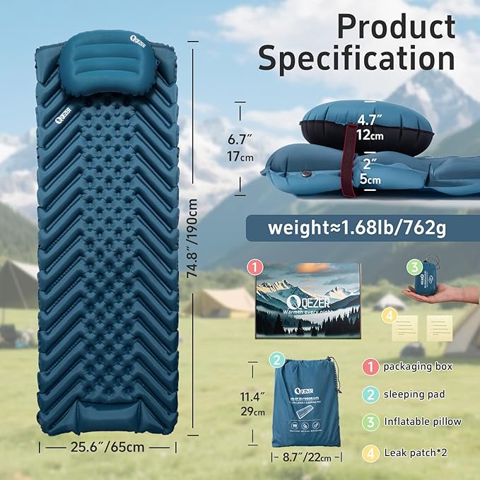 Ultralight Sleeping Pad Camping Inflatable Pillow for Camping Combo, Compact Backpacking Inflatable Sleeping Pad for Adults- Portable for Hiking, Travel - Durable & Comfortable